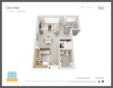Floor plan for studio, 1 bath, 552 sqft