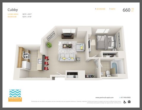 Floor plan for 1 bed, 1 bath, 643 sqft