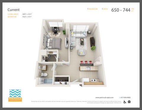 Floor plan for 1 bed, 1 bath, 741 sqft