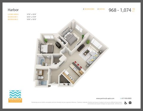 Floor plan for 2 beds, 2 baths, 968 sqft
