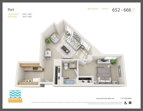 Floor plan for 1 bed, 1 bath, 652 sqft
