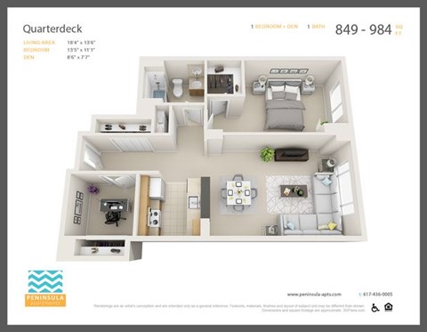Floor plan for 1 bed, 1 bath, 849 sqft