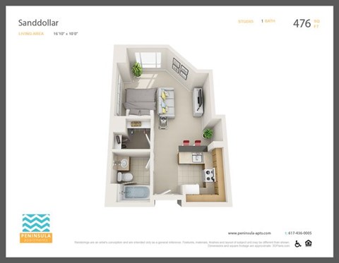 Floor plan for studio, 1 bath, 476 sqft