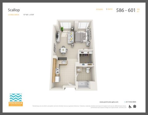 Floor plan for studio, 1 bath, 601 sqft