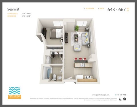 Floor plan for 1 bed, 1 bath, 643 sqft