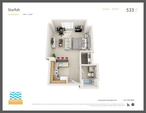 Floor plan for studio, 1 bath, 525 sqft