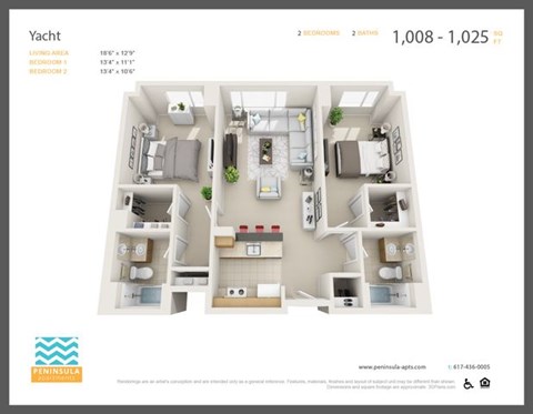 Floor plan for 2 beds, 2 baths, 1010 sqft