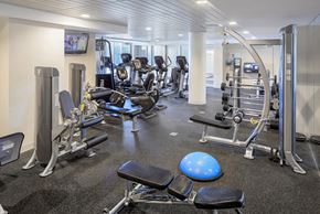 Boston apartment for rent - a gym with cardio equipment and weights on the floor