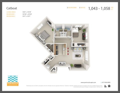 Floor plan for 2 beds, 2 baths, 1043 sqft