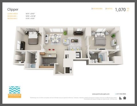 Floor plan for 2 beds, 2 baths, 1070 sqft