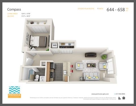 Floor plan for studio, 1 bath, 644 sqft