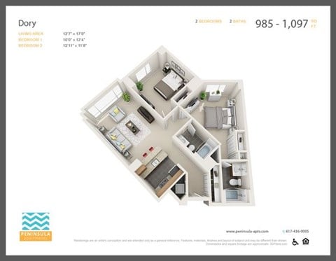 Floor plan for 2 beds, 2 baths, 995 sqft