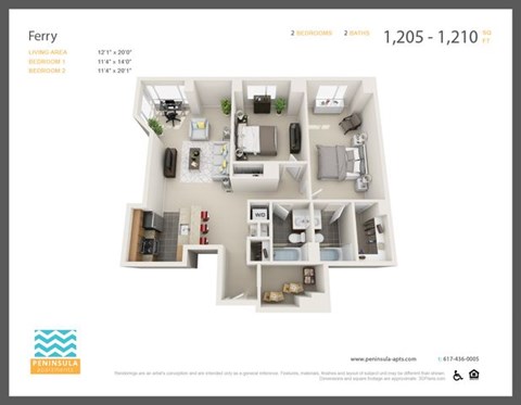 Floor plan for 2 beds, 2 baths, 1210 sqft