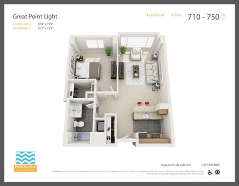 Floor plan for 1 bed, 1 bath, 750 sqft