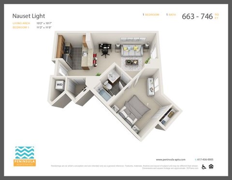 Floor plan for 1 bed, 1 bath, 670 sqft