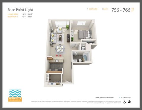 Floor plan for 1 bed, 1 bath, 756 sqft