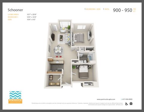 Floor plan for 1 bed, 1 bath, 950 sqft