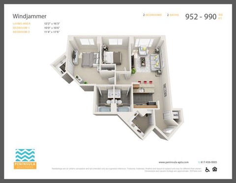 Floor plan for 2 beds, 2 baths, 990 sqft