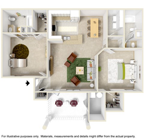 Floor plan for 2 beds, 2 baths, 1099 sqft