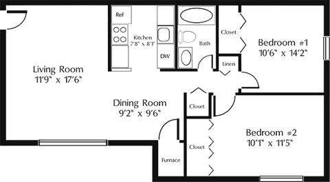 Floor plan for 2 beds, 1 bath, 742 sqft