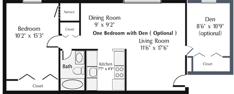 Floor plan for 1 bed, 1 bath, 613 sqft