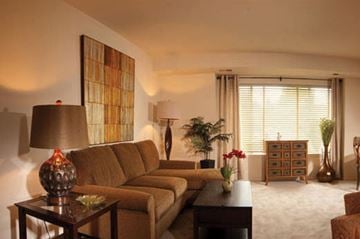 Essex apartment for rent - A living room with a brown couch and a lamp on a side table.
