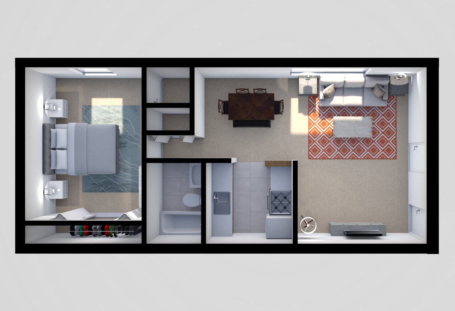 Floor plan for 1 bed, 1 bath, 613 sqft