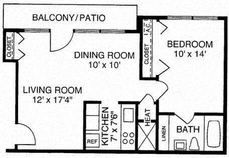 Floor plan for 1 bed, 1 bath, 588 sqft
