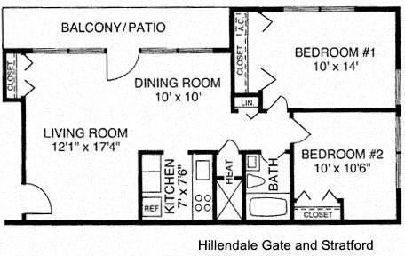 Floor plan for 2 beds, 1 bath, 740 sqft