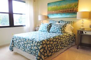 Parkville apartment for rent - A bed with a blue and black comforter and pillows sits in a room with a painting on the wall.