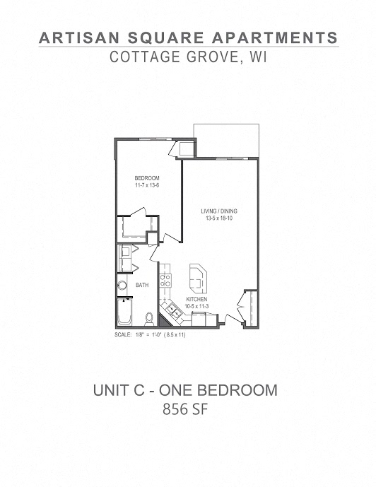 Floor plan for 1 bed, 1 bath, 856 sqft