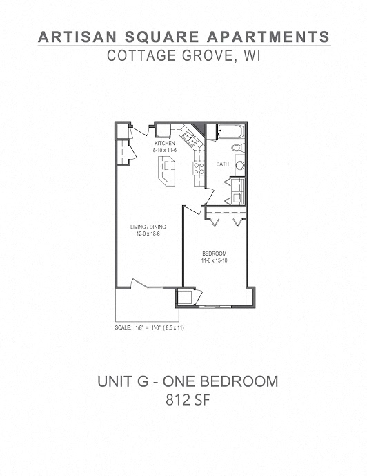 Floor plan for 1 bed, 1 bath, 812 sqft