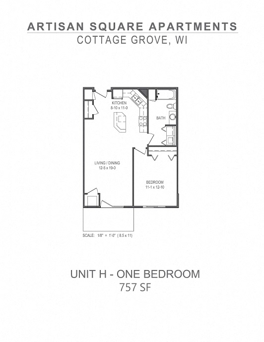 Floor plan for 1 bed, 1 bath, 757 sqft