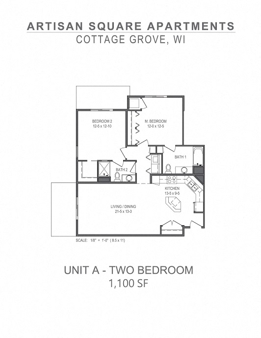 Floor plan for 2 beds, 2 baths, 1100 sqft