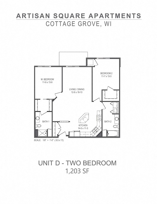 Floor plan for 2 beds, 2 baths, 1203 sqft