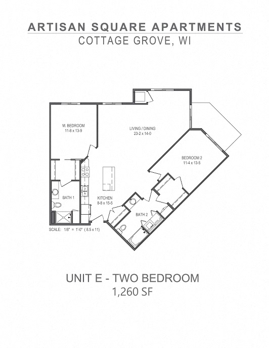 Floor plan for 2 beds, 2 baths, 1260 sqft