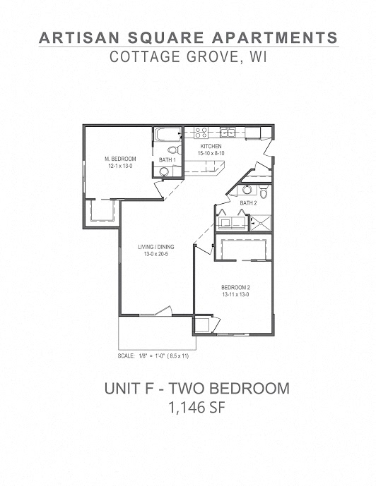 Floor plan for 2 beds, 2 baths, 1146 sqft