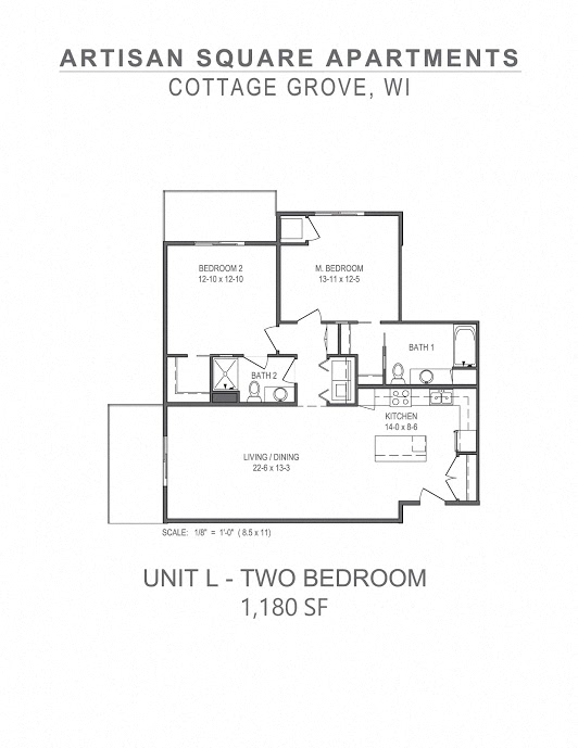 Floor plan for 2 beds, 2 baths, 1180 sqft