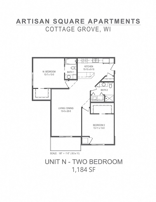 Floor plan for 2 beds, 2 baths, 1184 sqft