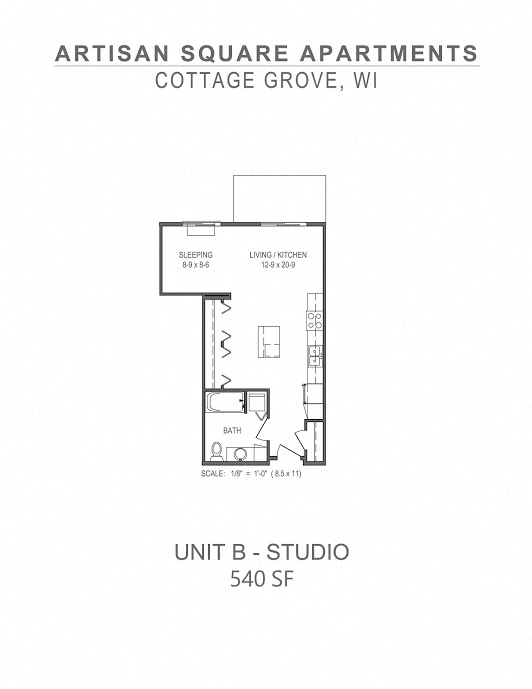 Floor plan for studio, 1 bath, 540 sqft