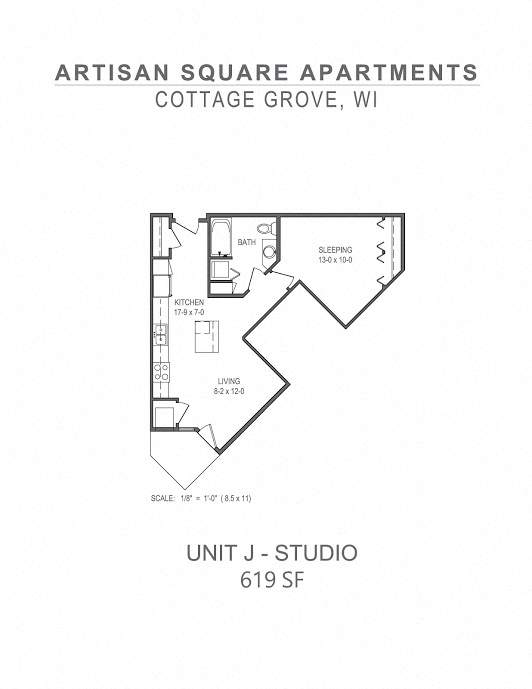 Floor plan for studio, 1 bath, 619 sqft