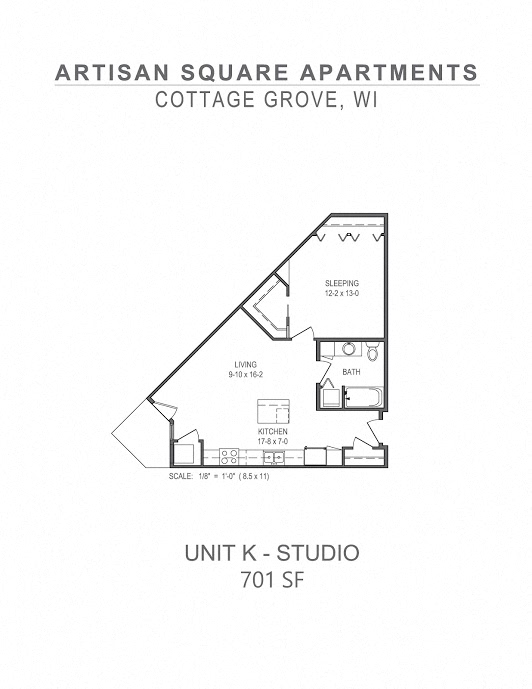 Floor plan for studio, 1 bath, 701 sqft