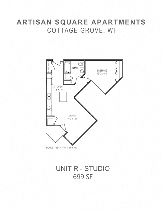 Floor plan for studio, 1 bath, 699 sqft
