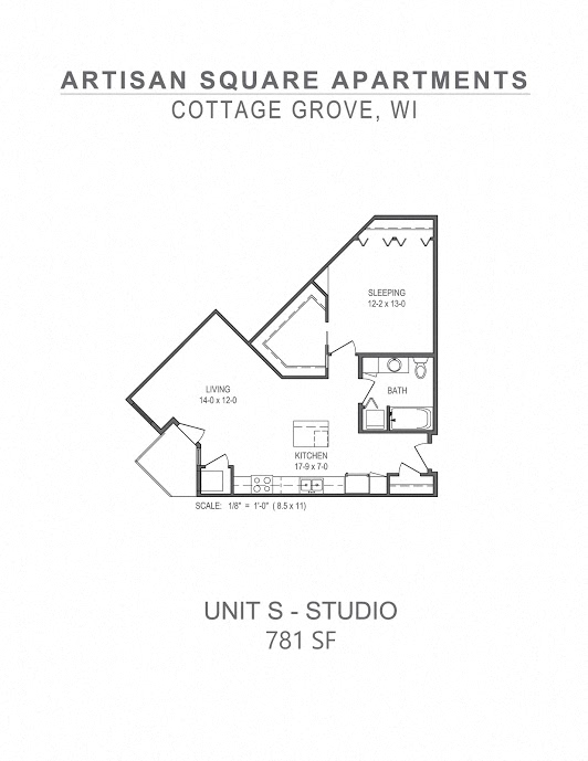 Floor plan for studio, 1 bath, 781 sqft