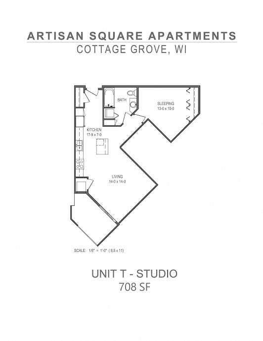 Floor plan for studio, 1 bath, 708 sqft