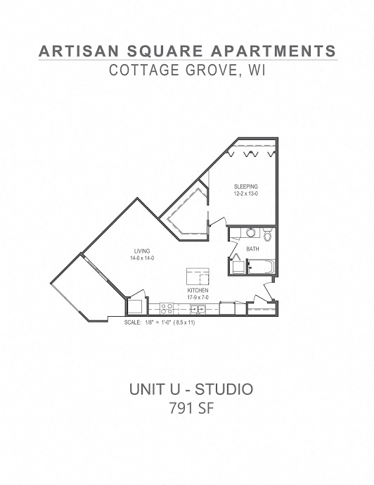 Floor plan for studio, 1 bath, 791 sqft