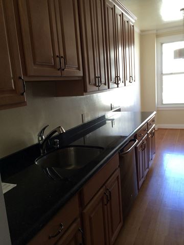 San Francisco apartment for rent - a view of a kitchen with a sink and wooden cabinets