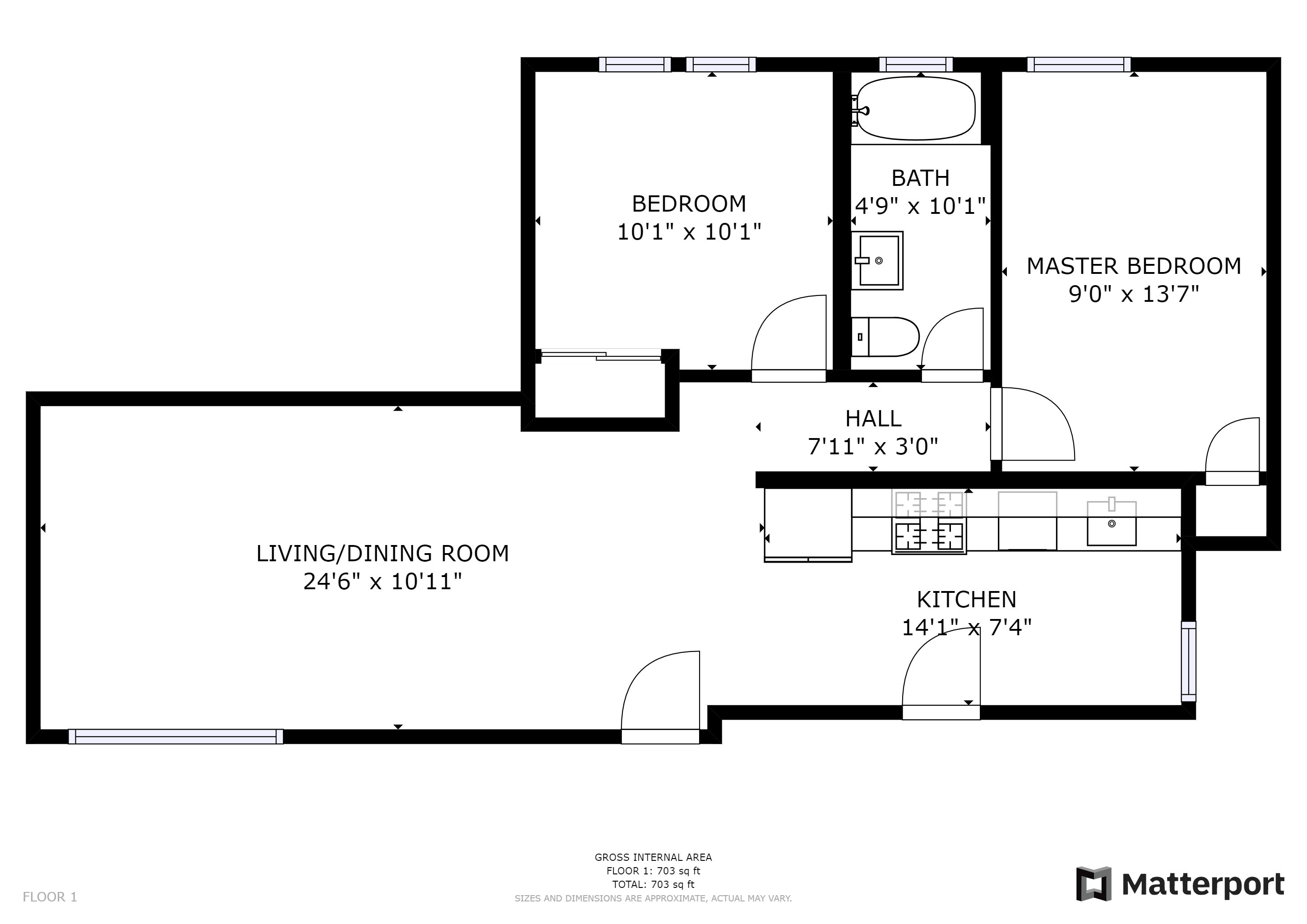 Floor plan for 2 beds, 1 bath, 750 sqft