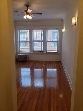 Chicago apartment for rent - a living room with a wood floor and three windows