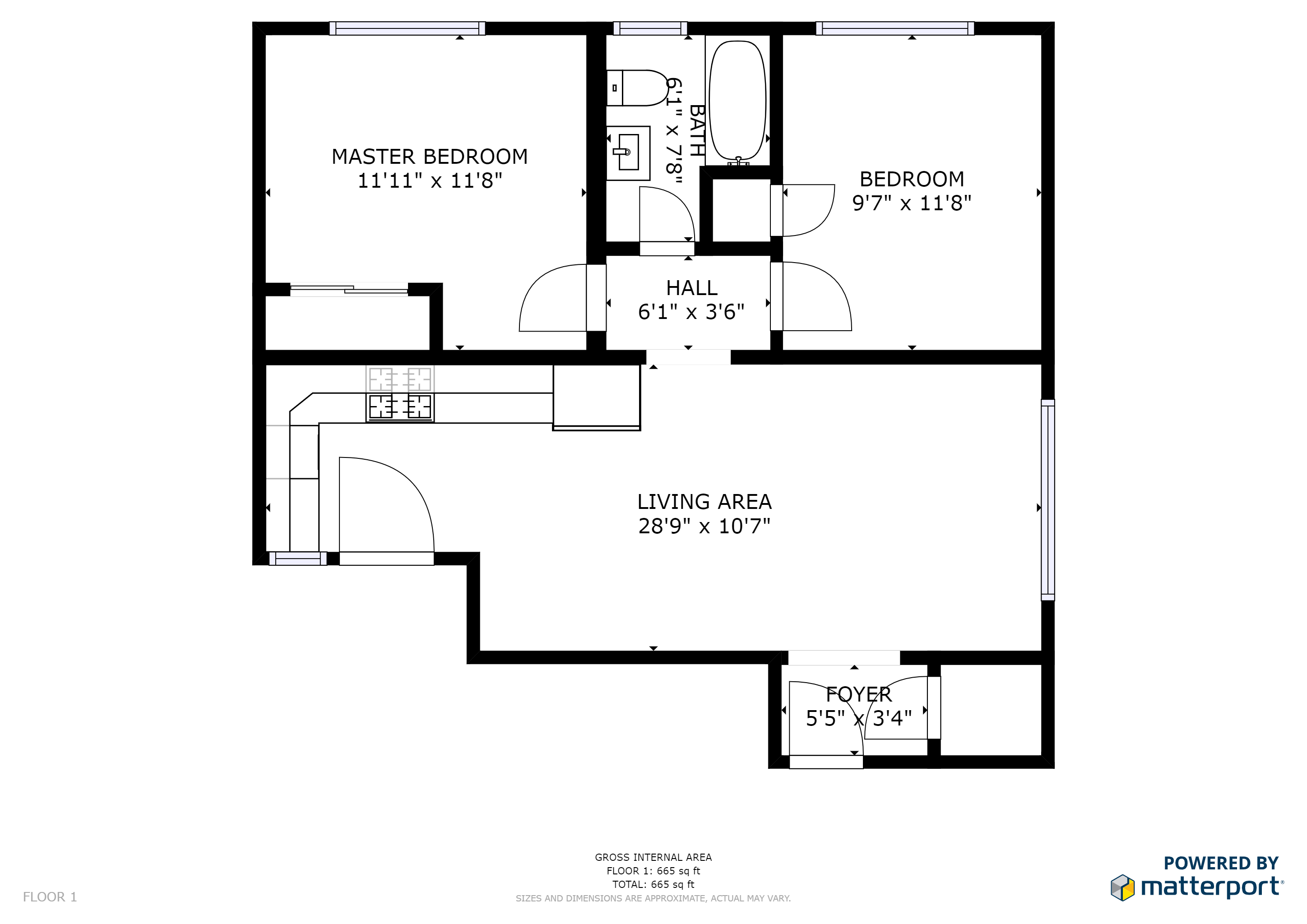 Floor plan for 2 beds, 1 bath, 650 sqft